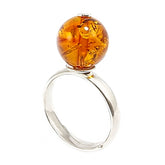 Cognac Amber Round Bead Adjustable Ring Sterling Silver